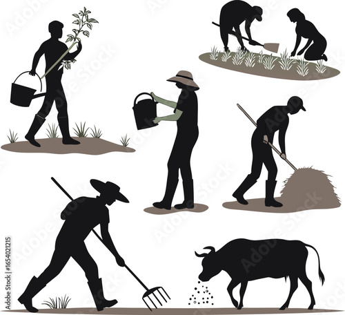 Vector art of silhouettes of farmers engaged in various agricultural activities