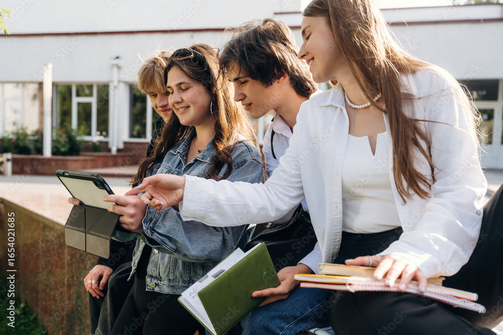 Fototapeta premium Looking at digital tablet. Group of students are near university together
