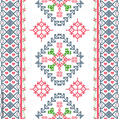 Red, green, and blue cross-stitch of Ukrainian folk embroidery. Pixel pattern for elaborate borders, rugs, tiles, and sarees, sarongs, and textiles.