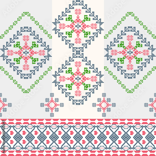 Red, green, and blue cross-stitch of Ukrainian folk embroidery. Pixel pattern for elaborate borders, rugs, tiles, and textiles.