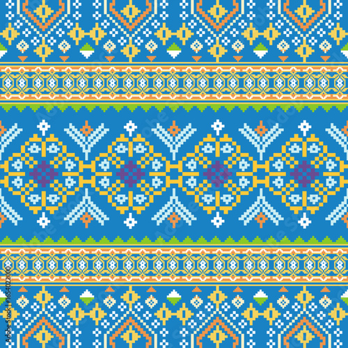Yellow and blue Ukrainian embroidery folk seamless pattern. Ethnic ornament. Vector illustration. Pixel pattern for elaborate borders on rugs, tiles, and textiles.