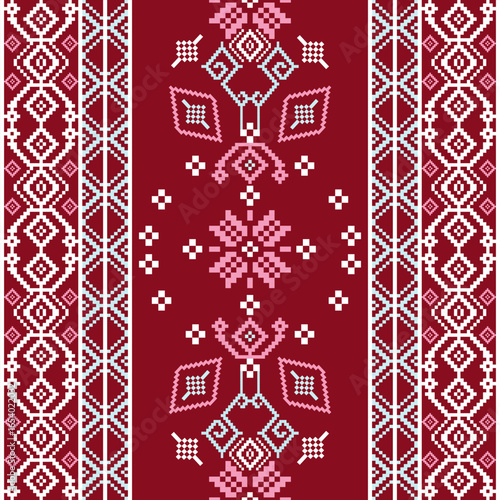 Cross-stitch pattern on a red background inspired by Ukrainian folk embroidery. Seamless pattern. Vector illustration. Pixel pattern for fabric edges and textiles.