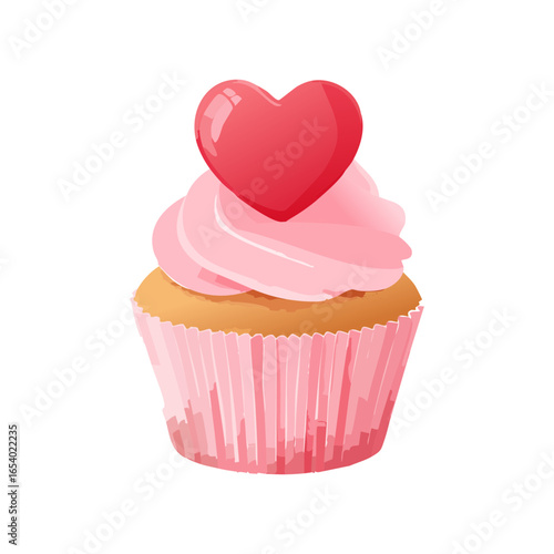 Pink heart cupcake vector illustration. A charming pink cupcake topped with a red heart, perfect for romantic and sweet designs.