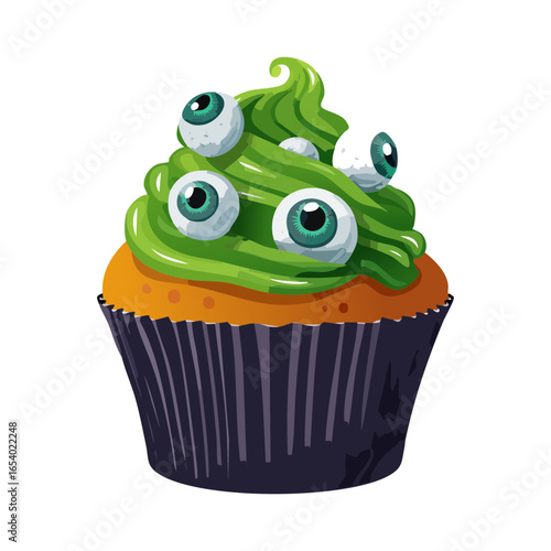 One-eyed monster cupcake vector illustration. A funny and quirky one-eyed green monster cupcake, perfect for spooky yet cute designs.