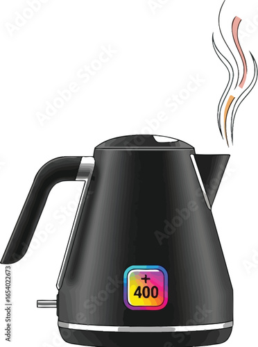 Steaming black electric kettle with digital display showing 400 degrees