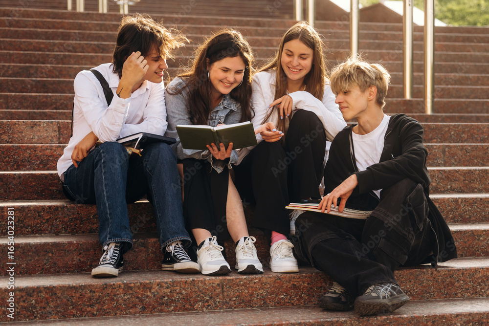 Fototapeta premium On the stairs, sitting. Group of students are near university together
