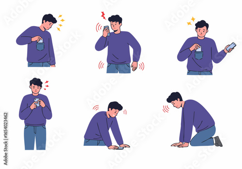 A man's escalating anxiety and distress illustrating cell phone addiction and withdrawal symptoms, from checking pockets to searching for his device.
