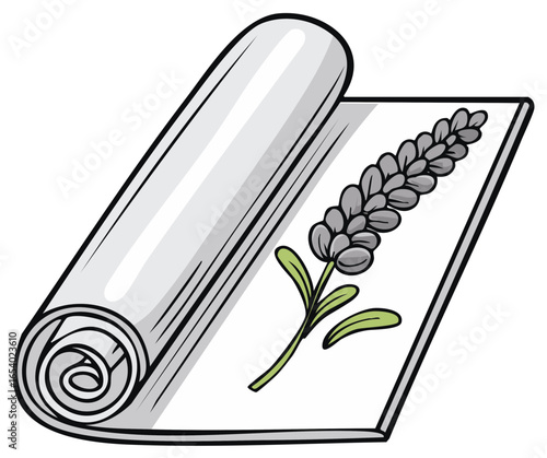 A partially rolled sheet of paper with a botanical illustration of a lavender sprig