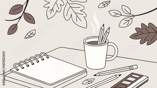 Cozy autumn illustration of a desk with sketchbook coffee pencils and leaves perfect for fall designs and creatives