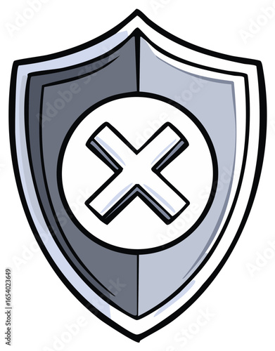 Cartoon shield with a rejection X mark symbolizing failed security or antivirus error concept