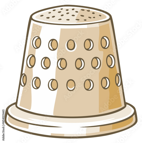 Cartoon illustration of a metal thimble with small holes. Sewing craft icon.