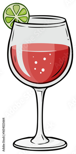 Illustration of a red cocktail in a wine glass with a lime slice garnish and bubbles
