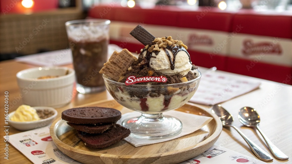 Naklejka premium Swensen's Ice Cream Sundae with Brownies, Waffles, and Chocolate Sauce
