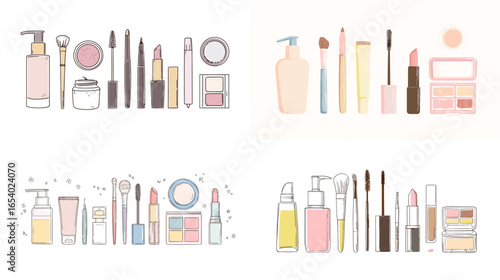 Soft pastel cosmetic illustration with skincare bottles, tubes, and makeup brushes. Perfect for beauty blogs, product packaging, minimalist branding, and wellness design themes.