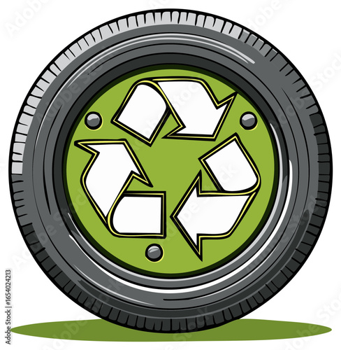 Recycle symbol design inside a tire wheel, illustration about environment conservation.