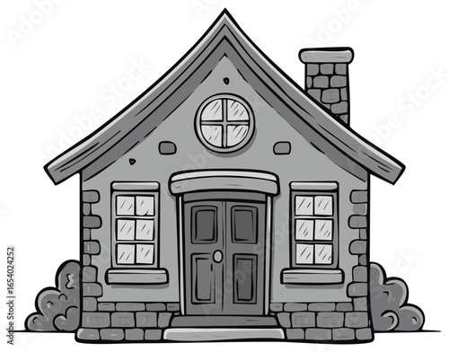 Charming Stone Cottage Facade with Rounded Windows and Chimney