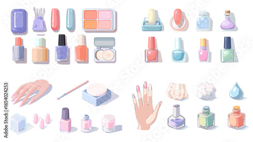 Pastel manicure and nail care illustration showing nail polish bottles, hands, and beauty tools. Perfect for salon branding, nail tutorials, cosmetic ads, or self-care designs.