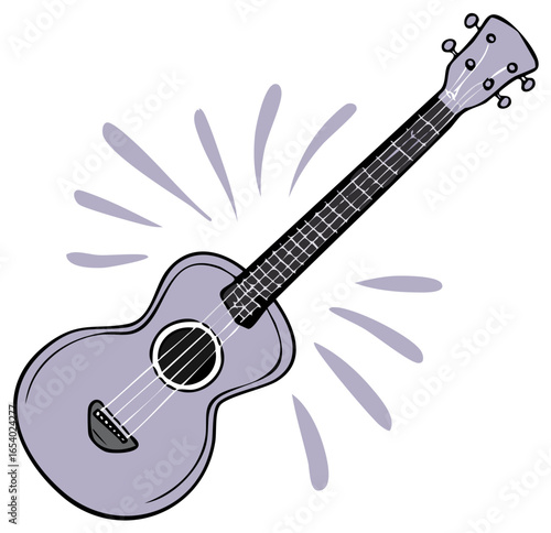 Simple cartoon illustration of a lavender ukulele with radiating sound lines