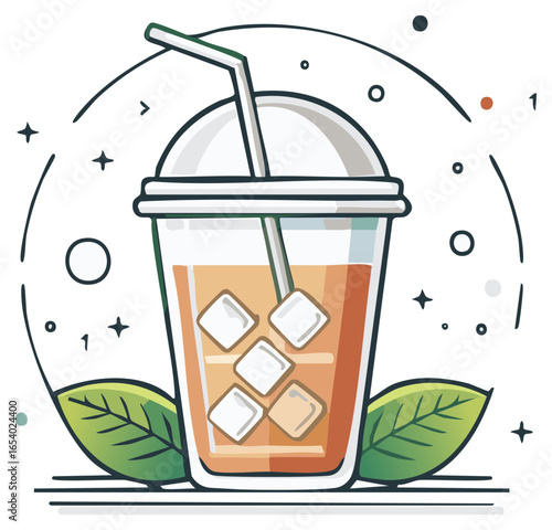 Stylized illustration of refreshing iced tea in a takeaway cup with a straw and ice cubes