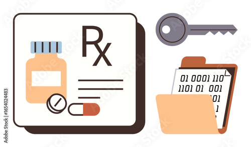 Medicine bottle, pills, clipboard with binary code in a folder, and key suggest data privacy, cybersecurity, health records security, medical data, encryption or healthcare compliance. Ideal