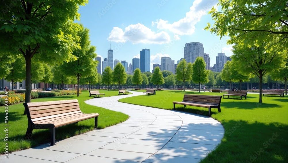 Fototapeta premium Lush parkland with city skyline backdrop.