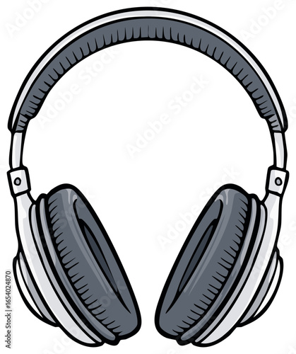 Cartoon illustration of modern white and gray over-ear headphones for music listening.