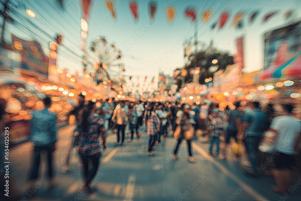 Fototapeta premium Blurred view of a bustling evening street fair