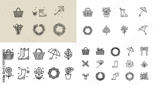 Vector set of minimal line icons featuring flowers, plants, boots, wreaths, and baskets for gardening and spring themes. Perfect for eco design, nature branding, and botanical illustrations.