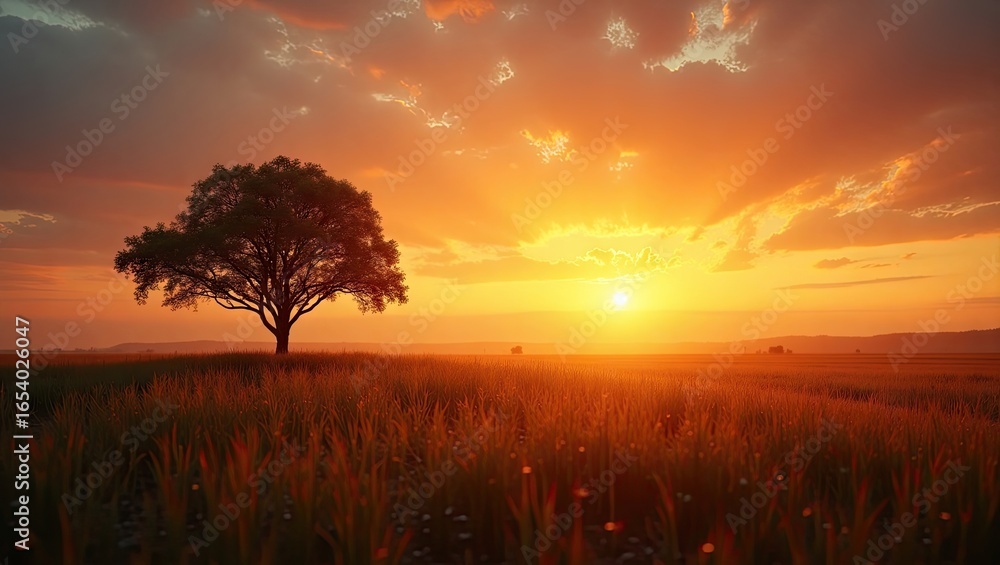 Obraz premium Golden sunset over a field with a solitary tree.