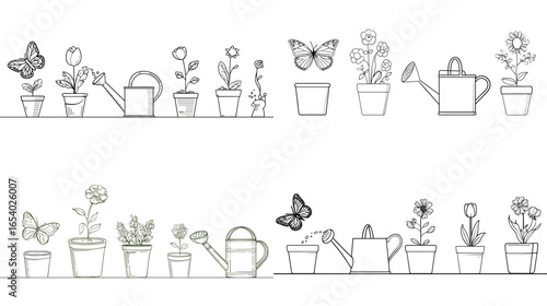 Minimal line art illustration of potted plants, flowers, butterflies, and watering cans. Perfect for garden design, nature themes, eco lifestyle, and botanical minimalist projects.