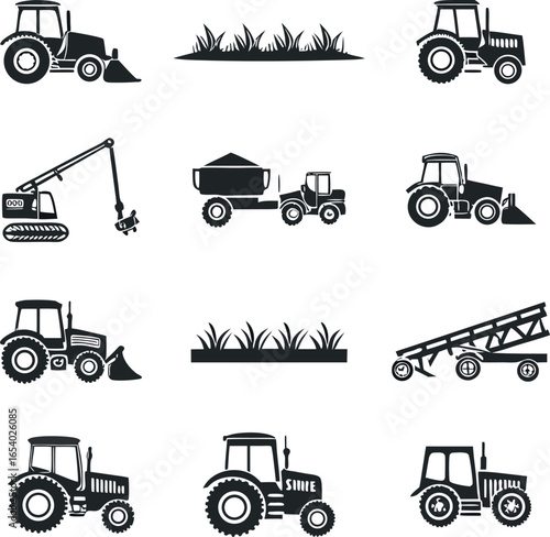 Vector art of collection of agricultural and construction vehicle icons