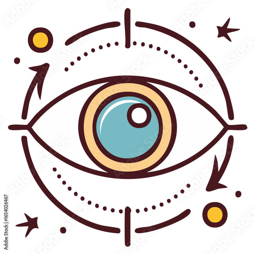 Abstract Eye Symbol with Circular Motion Arrows and Celestial Elements