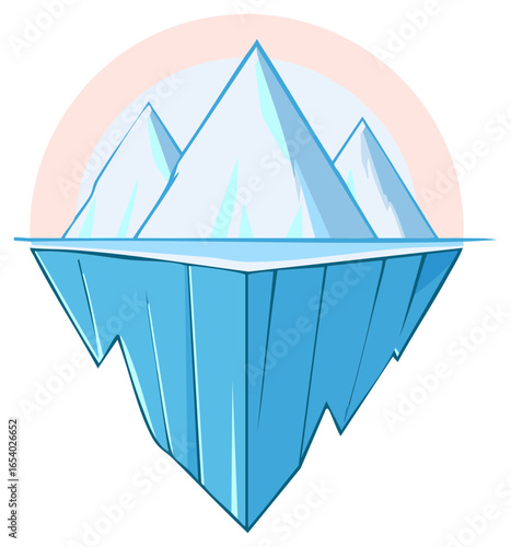 Cartoon illustration of a blue iceberg with three ice mountains and a pinkish sky.