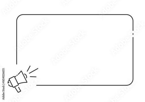 Announcement text frame banner vector simple minimal line stroke outline art, news loudspeaker megaphone important information message, thin linear loud speaker promotion poster