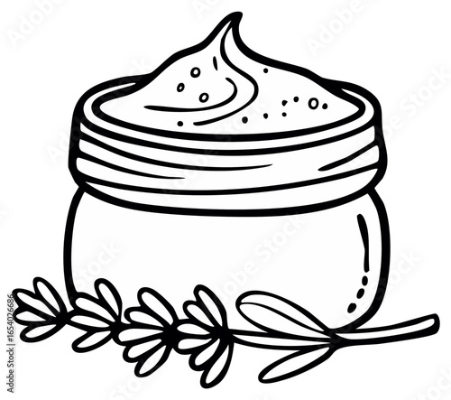 Hand drawn doodle of a natural cosmetic cream jar with lavender