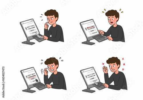 Online login journey: A user's struggle with forgotten passwords and authentication errors, leading to a triumphant successful access.