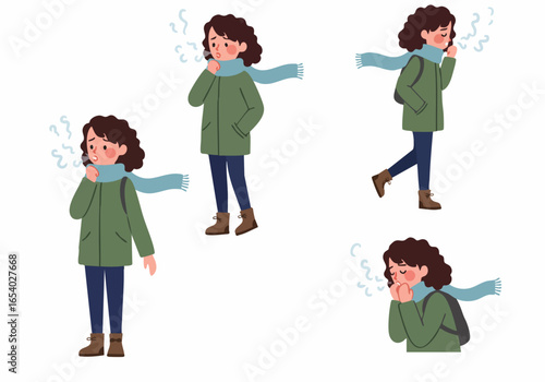 Cartoon Illustration of a Woman Feeling Cold in Winter with Visible Breath, Shivering, and Discomfort