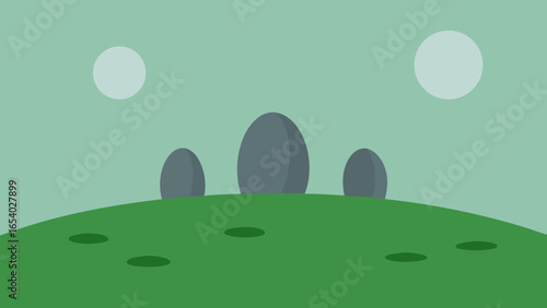 Discover a Minimalist Stone Circle on a Flat Green Hilltop Landscape
