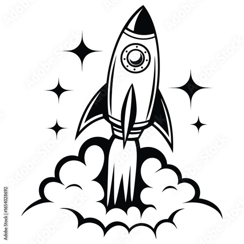 Rocket Launch with Stars on White Background Smoke Trail Spacecraft Symbol