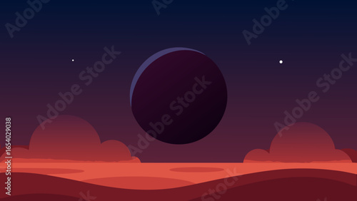 Explore a Sky with a Large Dark Planet Looming in the Distance