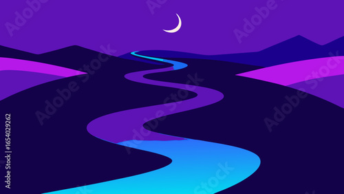Explore a Winding Glowing Blue River Cutting Through a Dark Landscape