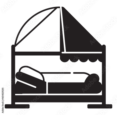 Minimalist black and white illustration of a baby bassinet with a canopy for newborns