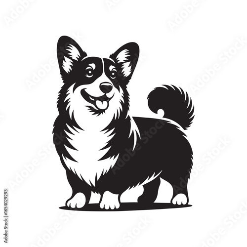 Elegant Pembroke Welsh Corgi vector silhouette artwork showcasing the breed’s short legs, long body, perky ears, and loyal charm, perfect for design, branding, decor, or creative projects.
