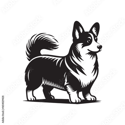 Elegant Pembroke Welsh Corgi vector silhouette artwork showcasing the breed’s short legs, long body, perky ears, and loyal charm, perfect for design, branding, decor, or creative projects.
