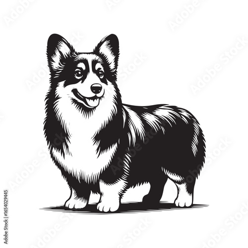Elegant Pembroke Welsh Corgi vector silhouette artwork showcasing the breed’s short legs, long body, perky ears, and loyal charm, perfect for design, branding, decor, or creative projects.
