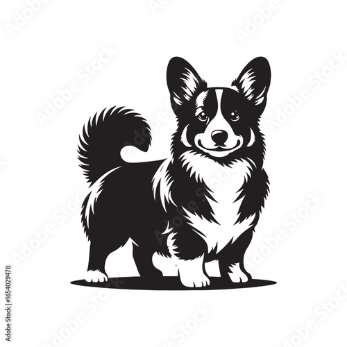 Elegant Pembroke Welsh Corgi vector silhouette artwork showcasing the breed’s short legs, long body, perky ears, and loyal charm, perfect for design, branding, decor, or creative projects.
