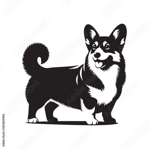 Elegant Pembroke Welsh Corgi vector silhouette artwork showcasing the breed’s short legs, long body, perky ears, and loyal charm, perfect for design, branding, decor, or creative projects.
