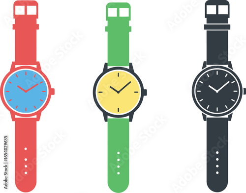 Flat design vector illustration of colorful wristwatches set