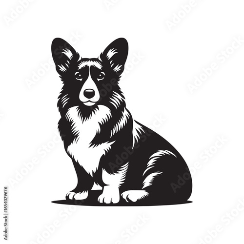 Elegant Pembroke Welsh Corgi vector silhouette artwork showcasing the breed’s short legs, long body, perky ears, and loyal charm, perfect for design, branding, decor, or creative projects.
