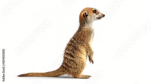 Meerkat stands upright, alert, against a stark white backdrop, striped brown fur visible